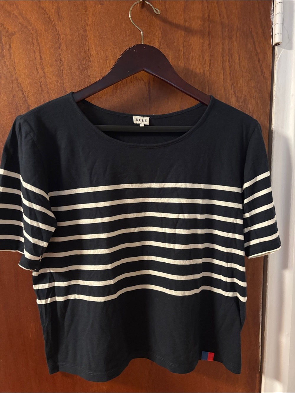 KULE Black and Ivory Striped Short Sleeve Boatneck Tee